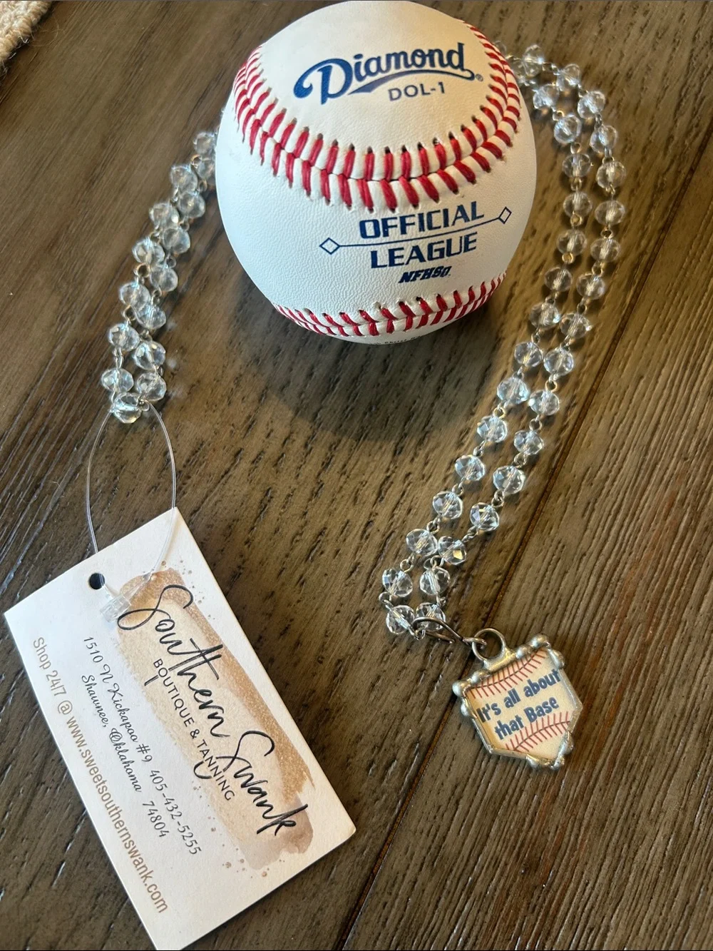 Crystal Bead Necklace w/Baseball Charm- It's All About That Base Approx. 30”